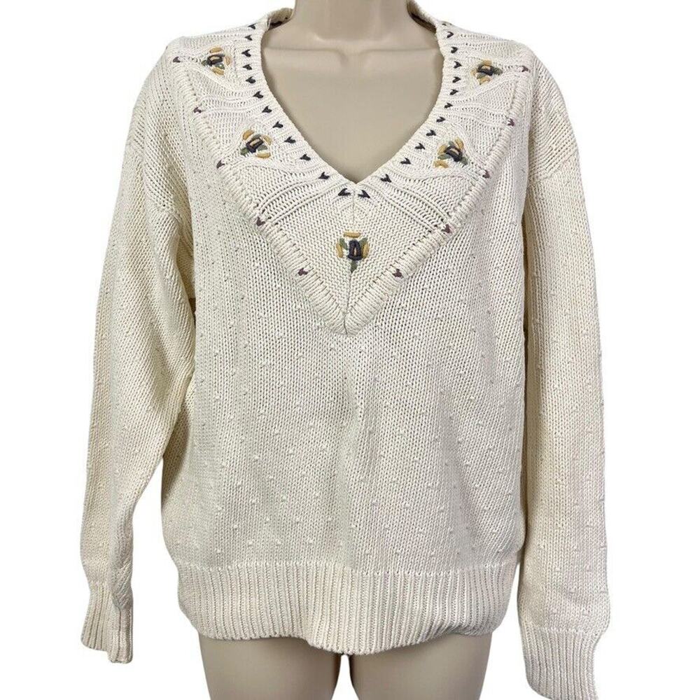 Van Heusen Womens Hand Embroidered Vintage Pointelle Chunky Knit Sweater sz S